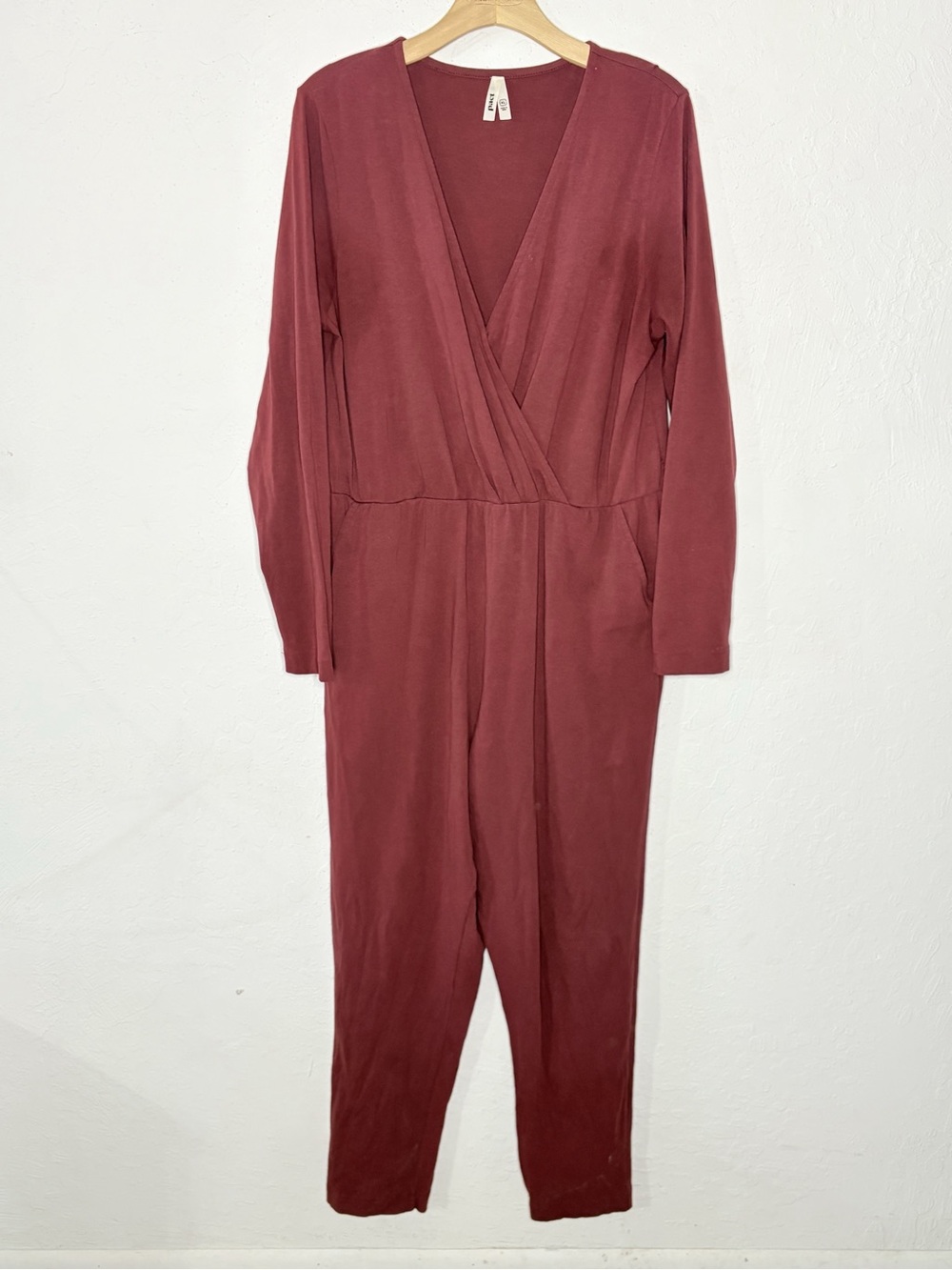 Pact Women's XL Wrap Top Jumpsuit Brick Red Pockets Long Sleeve Organic Comfy